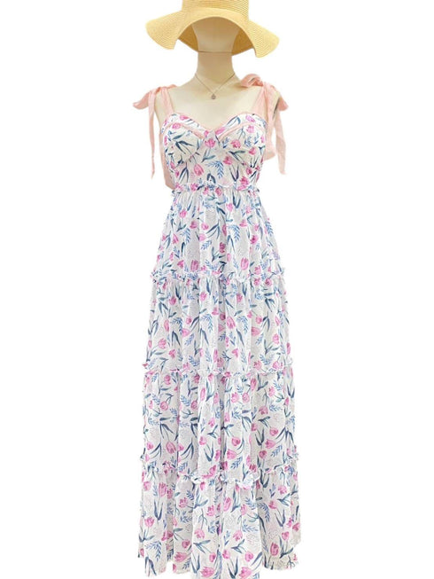 Floral Tie Straps Padded Maxi Dress
